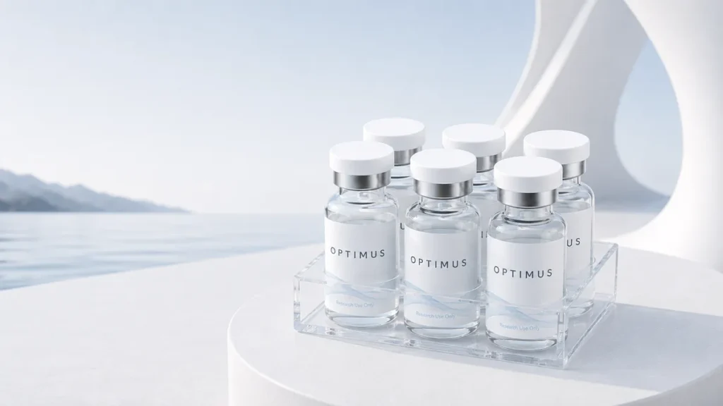 Research peptide vials in laboratory storage home