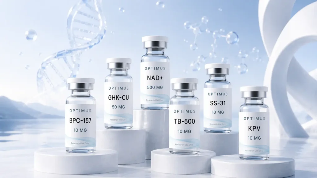 Popular research peptides UK collection: BPC-157, TB-500, GHK-Cu, NAD+, SS-31 and KPV from Optimus Labs