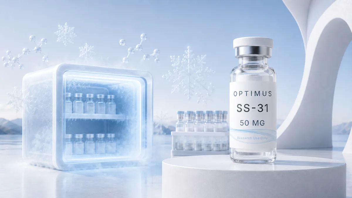How to Store Peptides: 8 Essential Rules for the Lab 1 How to store peptides: an Optimus Labs SS-31 vial beside a freezer of lyophilised peptide vials