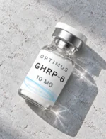 Optimus GHRP-6 10mg research peptide vial on stone