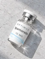 Optimus Ipamorelin 10mg research peptide vial on stone